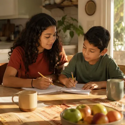 Hispanic Siblings Studying at Kitchen Table