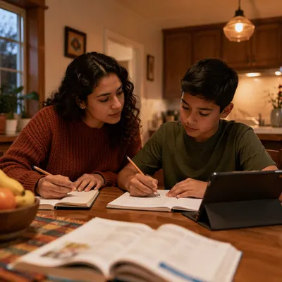 Hispanic Siblings Studying at Kitchen Table