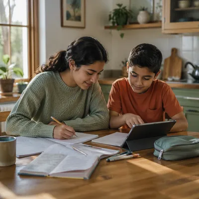 Hispanic Siblings Studying at Kitchen Table