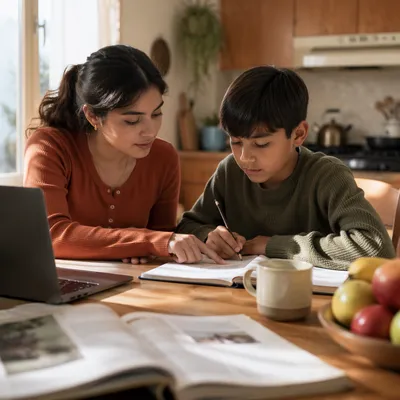 Hispanic Siblings Studying at Kitchen Table