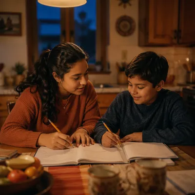 Hispanic Siblings Studying at Kitchen Table