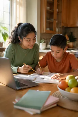 Hispanic Siblings Studying at Kitchen Table