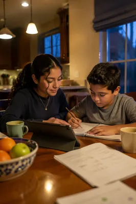 Hispanic Siblings Studying at Kitchen Table