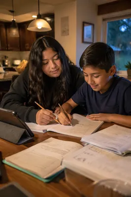 Hispanic Siblings Studying at Kitchen Table