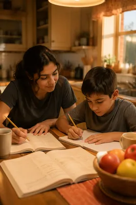 Hispanic Siblings Studying at Kitchen Table