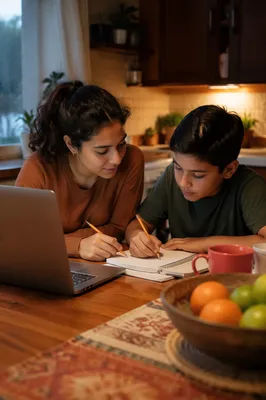 Hispanic Siblings Studying at Kitchen Table