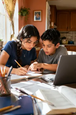 Hispanic Siblings Studying at Kitchen Table