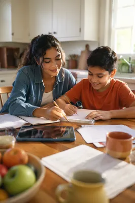 Hispanic Siblings Studying at Kitchen Table