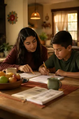 Hispanic Siblings Studying at Kitchen Table