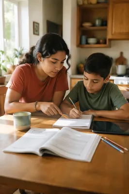 Hispanic Siblings Studying at Kitchen Table