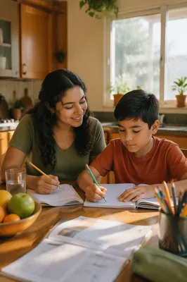 Hispanic Siblings Studying at Kitchen Table