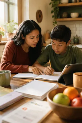 Hispanic Siblings Studying at Kitchen Table