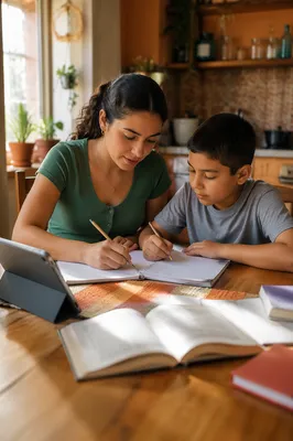 Hispanic Siblings Studying at Kitchen Table