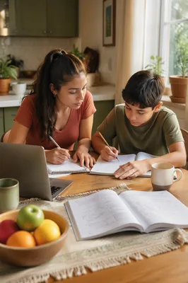 Hispanic Siblings Studying at Kitchen Table