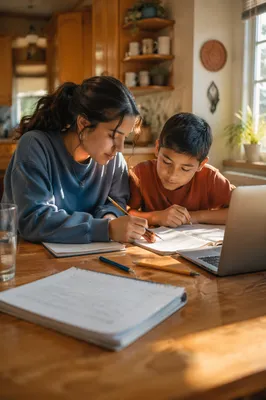 Hispanic Siblings Studying at Kitchen Table