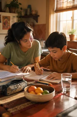 Hispanic Siblings Studying at Kitchen Table
