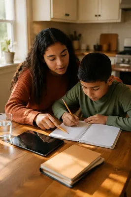 Hispanic Siblings Studying at Kitchen Table