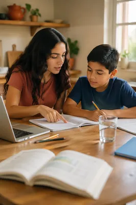 Hispanic Siblings Studying at Kitchen Table
