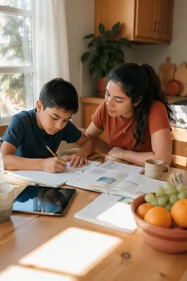 Hispanic Siblings Studying at Kitchen Table