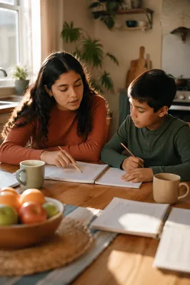 Hispanic Siblings Studying at Kitchen Table