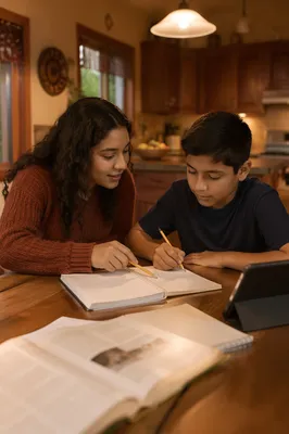 Hispanic Siblings Studying at Kitchen Table