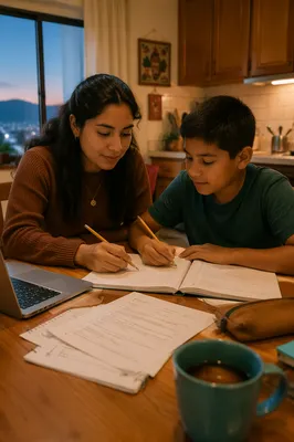 Hispanic Siblings Studying at Kitchen Table