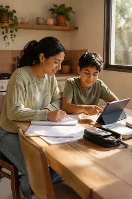 Hispanic Siblings Studying at Kitchen Table