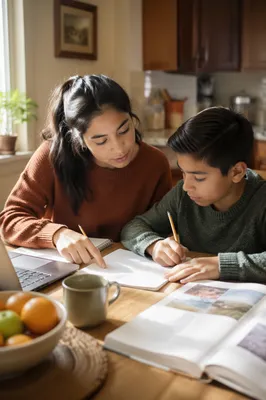 Hispanic Siblings Studying at Kitchen Table
