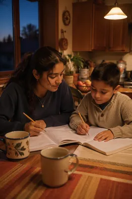 Hispanic Siblings Studying at Kitchen Table