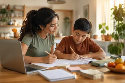 Hispanic Siblings Studying at Kitchen Table