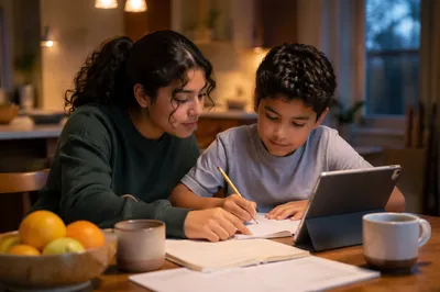 Hispanic Siblings Studying at Kitchen Table