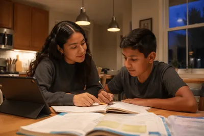 Hispanic Siblings Studying at Kitchen Table