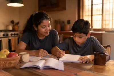 Hispanic Siblings Studying at Kitchen Table