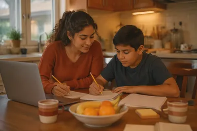 Hispanic Siblings Studying at Kitchen Table