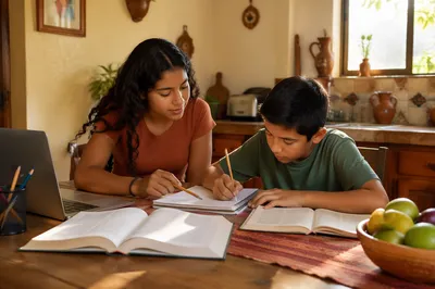 Hispanic Siblings Studying at Kitchen Table