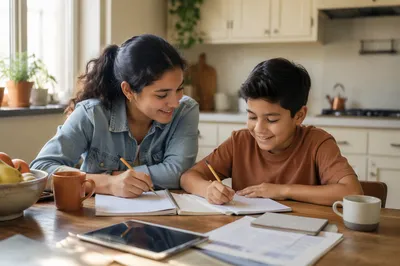 Hispanic Siblings Studying at Kitchen Table