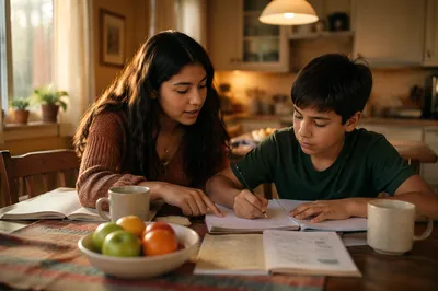 Hispanic Siblings Studying at Kitchen Table