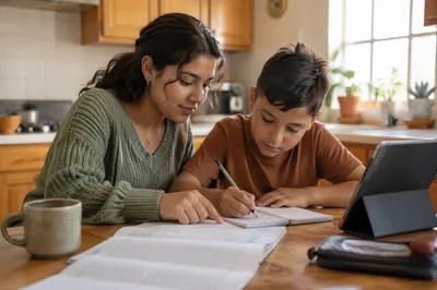 Hispanic Siblings Studying at Kitchen Table