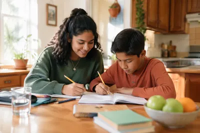 Hispanic Siblings Studying at Kitchen Table