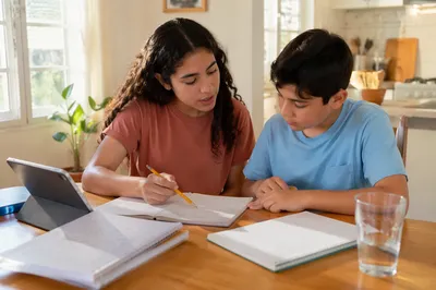 Hispanic Siblings Studying at Kitchen Table