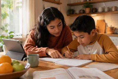 Hispanic Siblings Studying at Kitchen Table