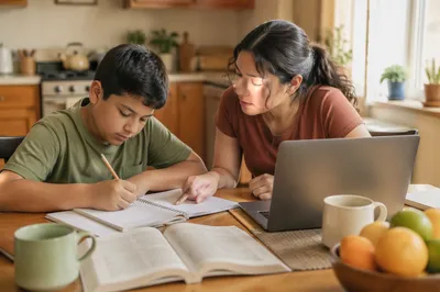 Hispanic Siblings Studying at Kitchen Table