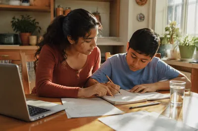 Hispanic Siblings Studying at Kitchen Table