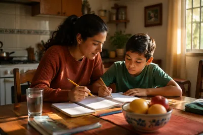 Hispanic Siblings Studying at Kitchen Table