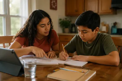 Hispanic Siblings Studying at Kitchen Table