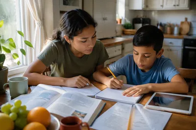 Hispanic Siblings Studying at Kitchen Table