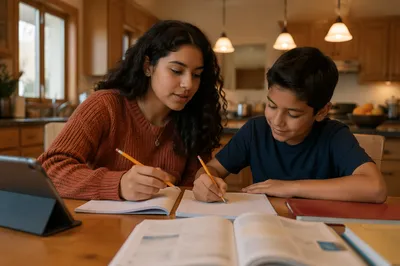 Hispanic Siblings Studying at Kitchen Table