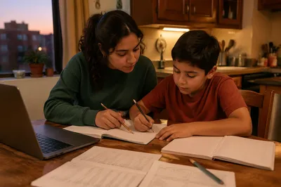 Hispanic Siblings Studying at Kitchen Table