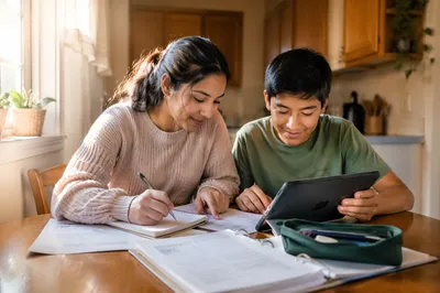 Hispanic Siblings Studying at Kitchen Table