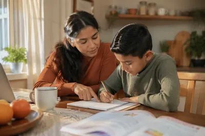 Hispanic Siblings Studying at Kitchen Table